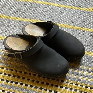 Black Leather Swedish Clogs